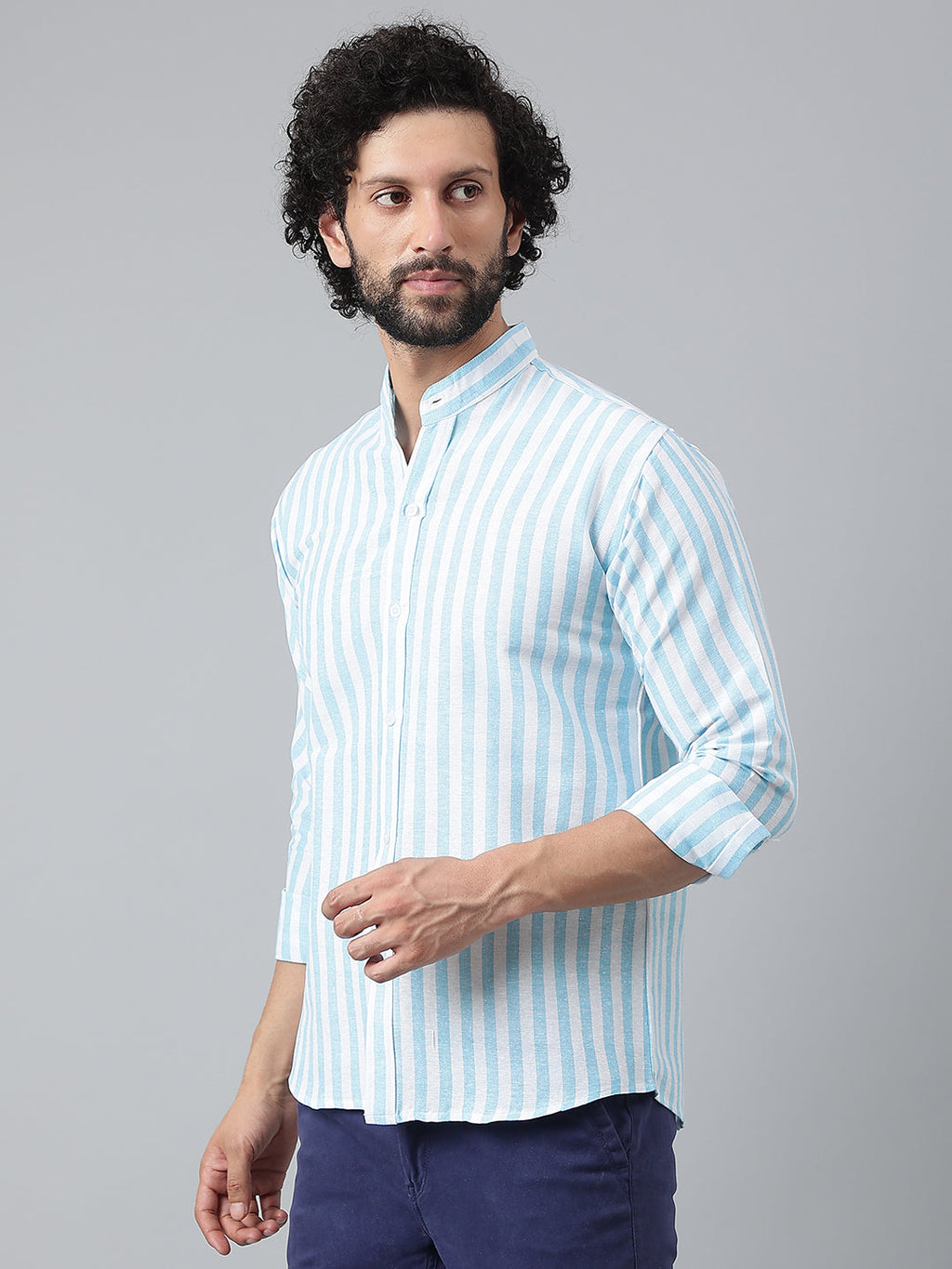 RIAG Blue Men's Chinese Collar Full Sleeves Shirt | Grocsy