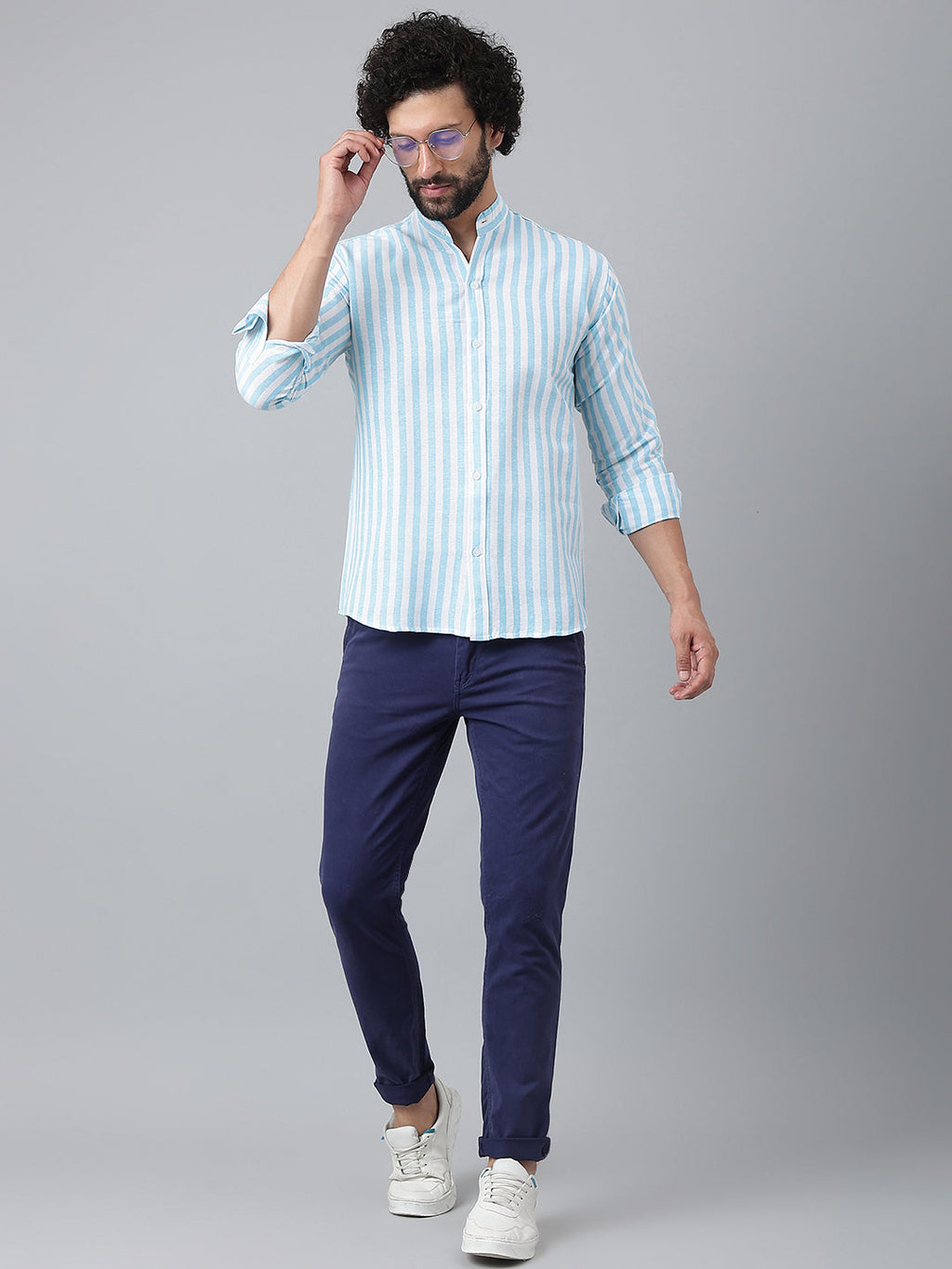 RIAG Blue Men's Chinese Collar Full Sleeves Shirt | Grocsy