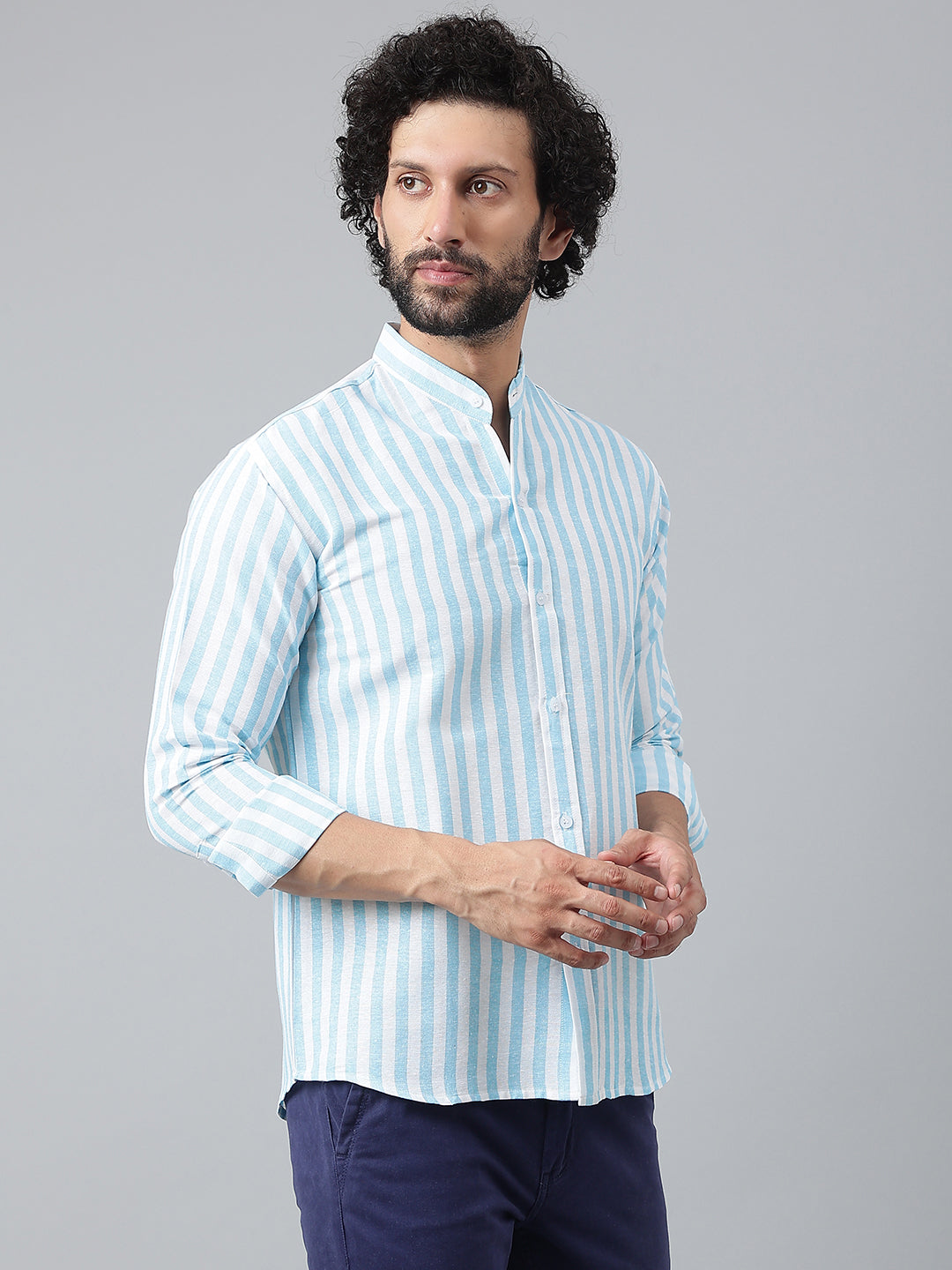 RIAG Blue Men's Chinese Collar Full Sleeves Shirt | Grocsy