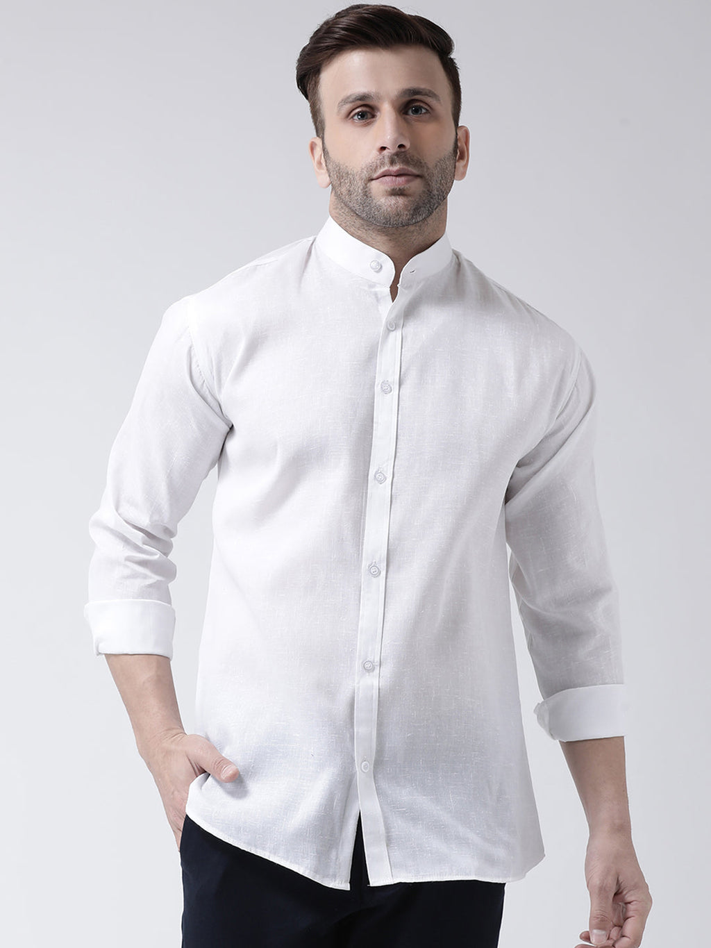 RIAG White Men's Chinese Collar Full Sleeves Shirt | Grocsy