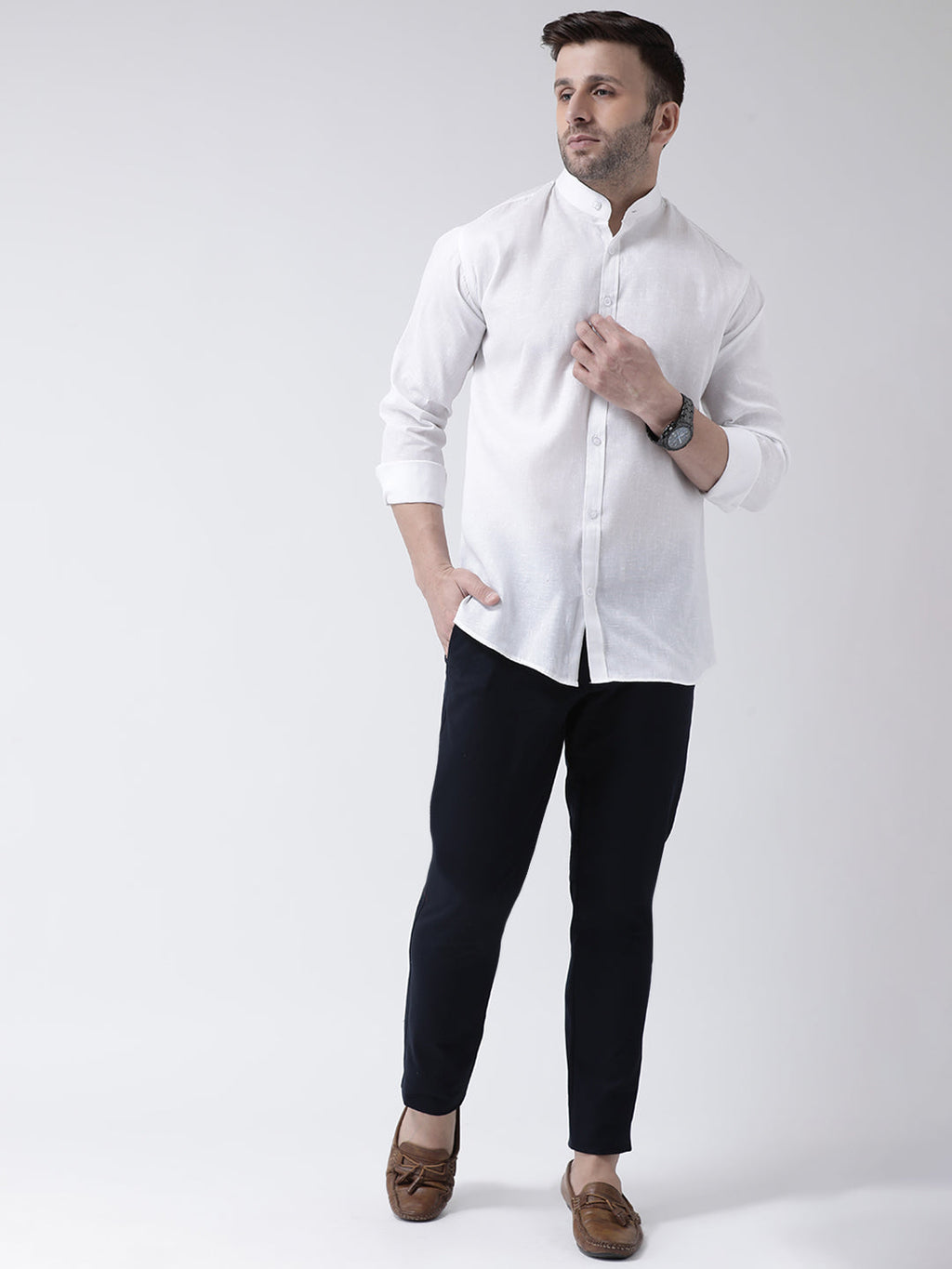 RIAG White Men's Chinese Collar Full Sleeves Shirt | Grocsy