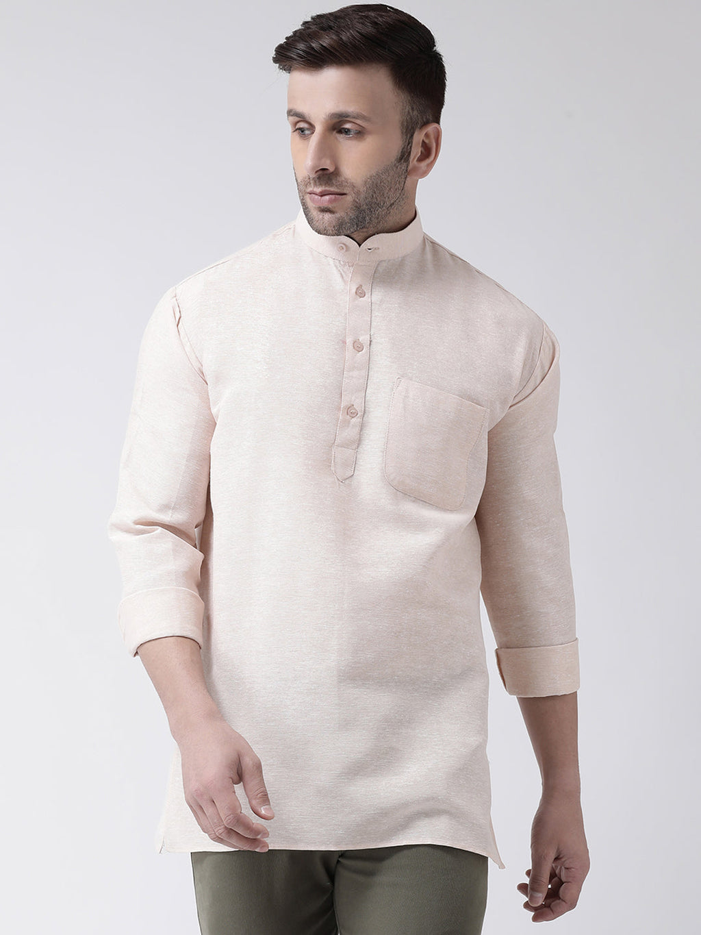 RIAG Beige Color Long Sleeves Men's Cotton Short Kurta | Grocsy