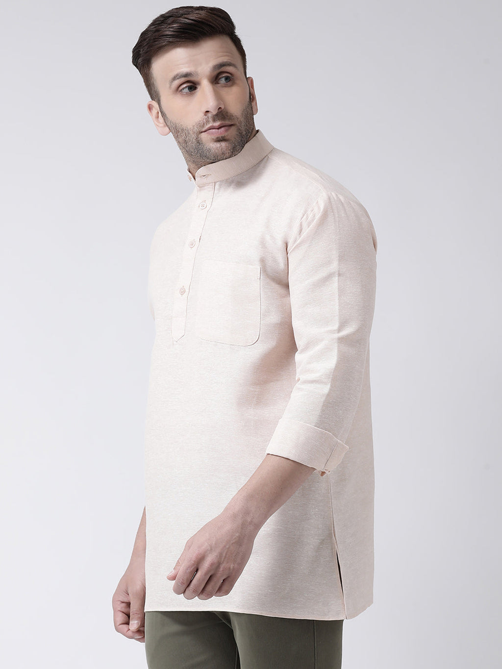 RIAG Beige Color Long Sleeves Men's Cotton Short Kurta | Grocsy