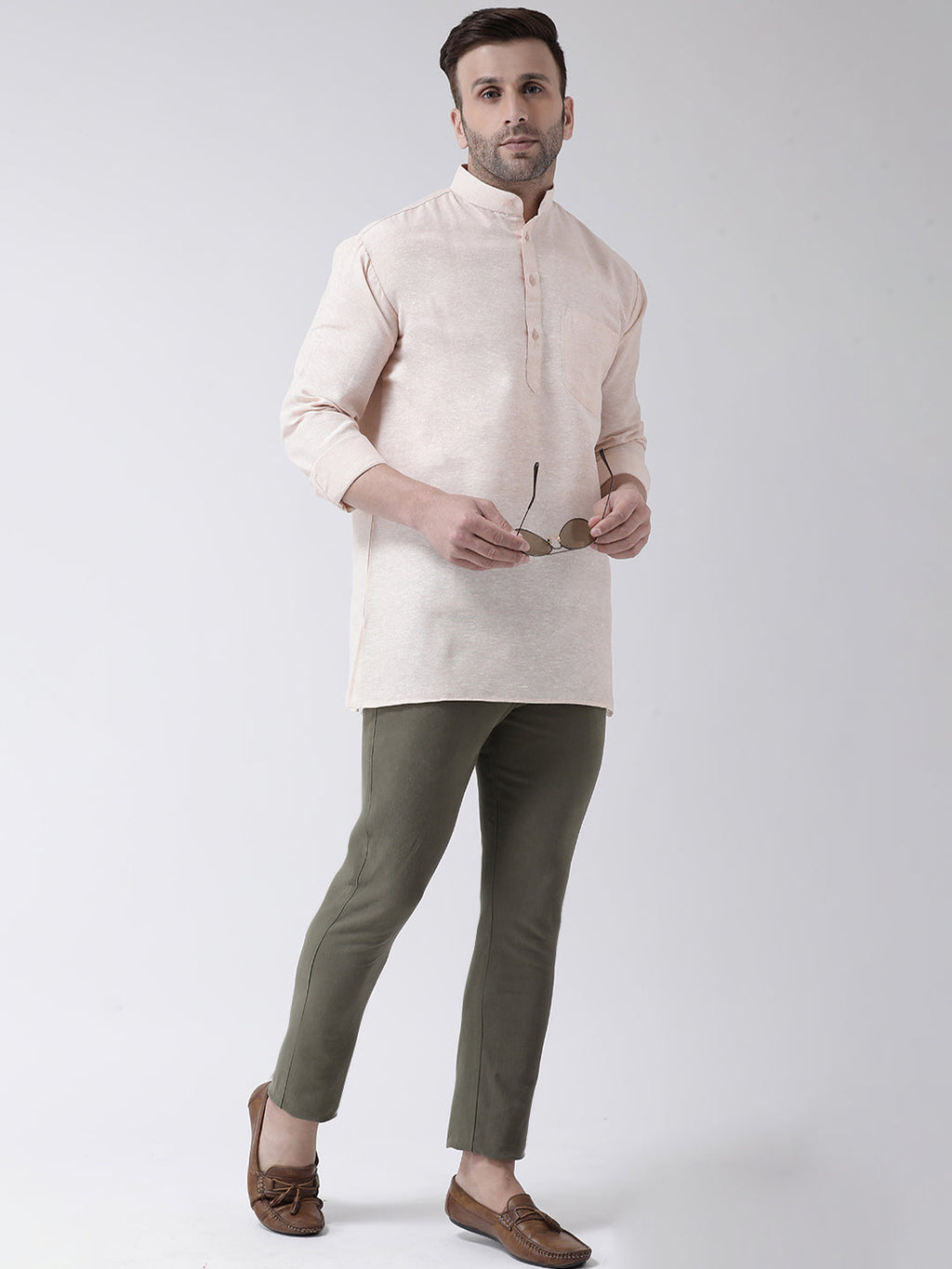 RIAG Beige Color Long Sleeves Men's Cotton Short Kurta | Grocsy