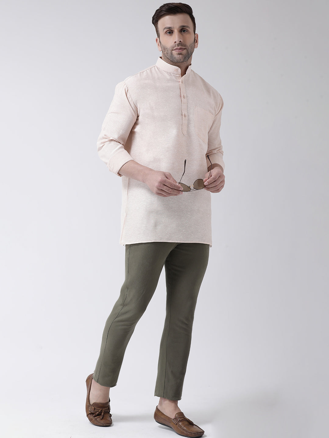 RIAG Beige Color Long Sleeves Men's Cotton Short Kurta | Grocsy