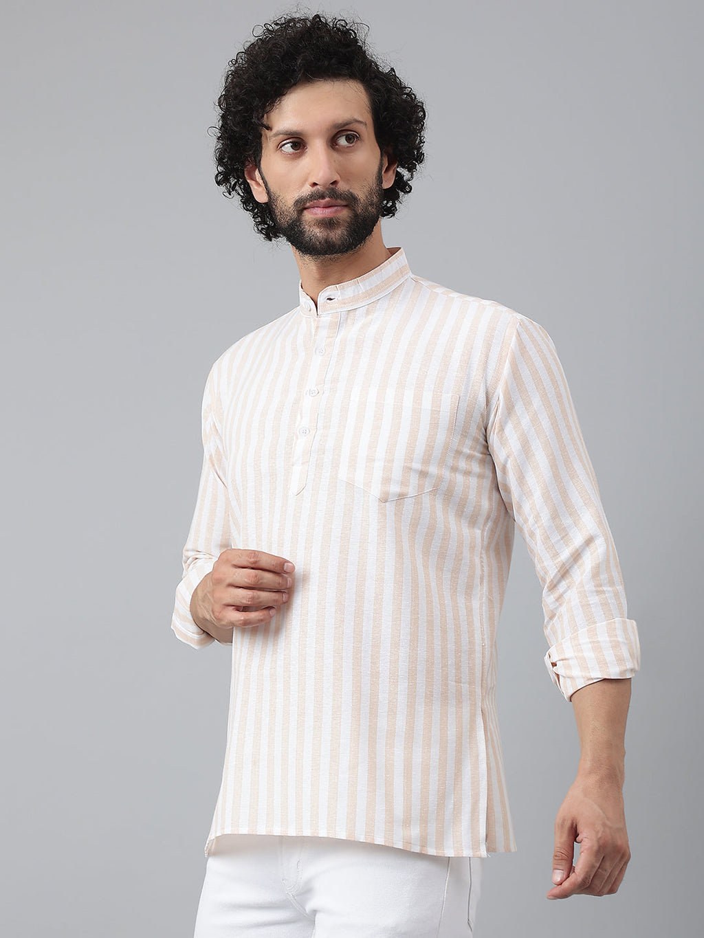 RIAG Beige Color Long Sleeves Casual Men's Cotton Short Kurta | Grocsy