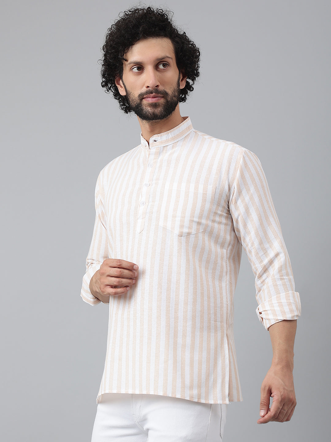 RIAG Beige Color Long Sleeves Casual Men's Cotton Short Kurta | Grocsy