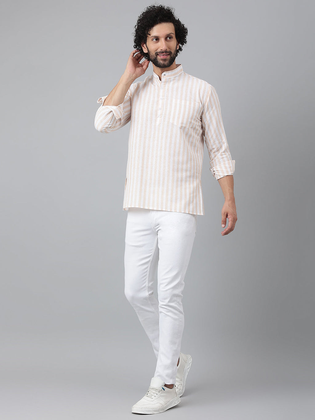 RIAG Beige Color Long Sleeves Casual Men's Cotton Short Kurta | Grocsy