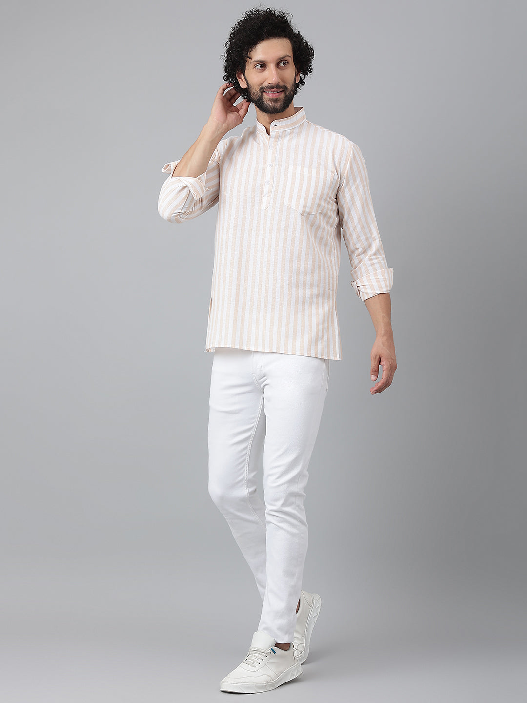 RIAG Beige Color Long Sleeves Casual Men's Cotton Short Kurta | Grocsy