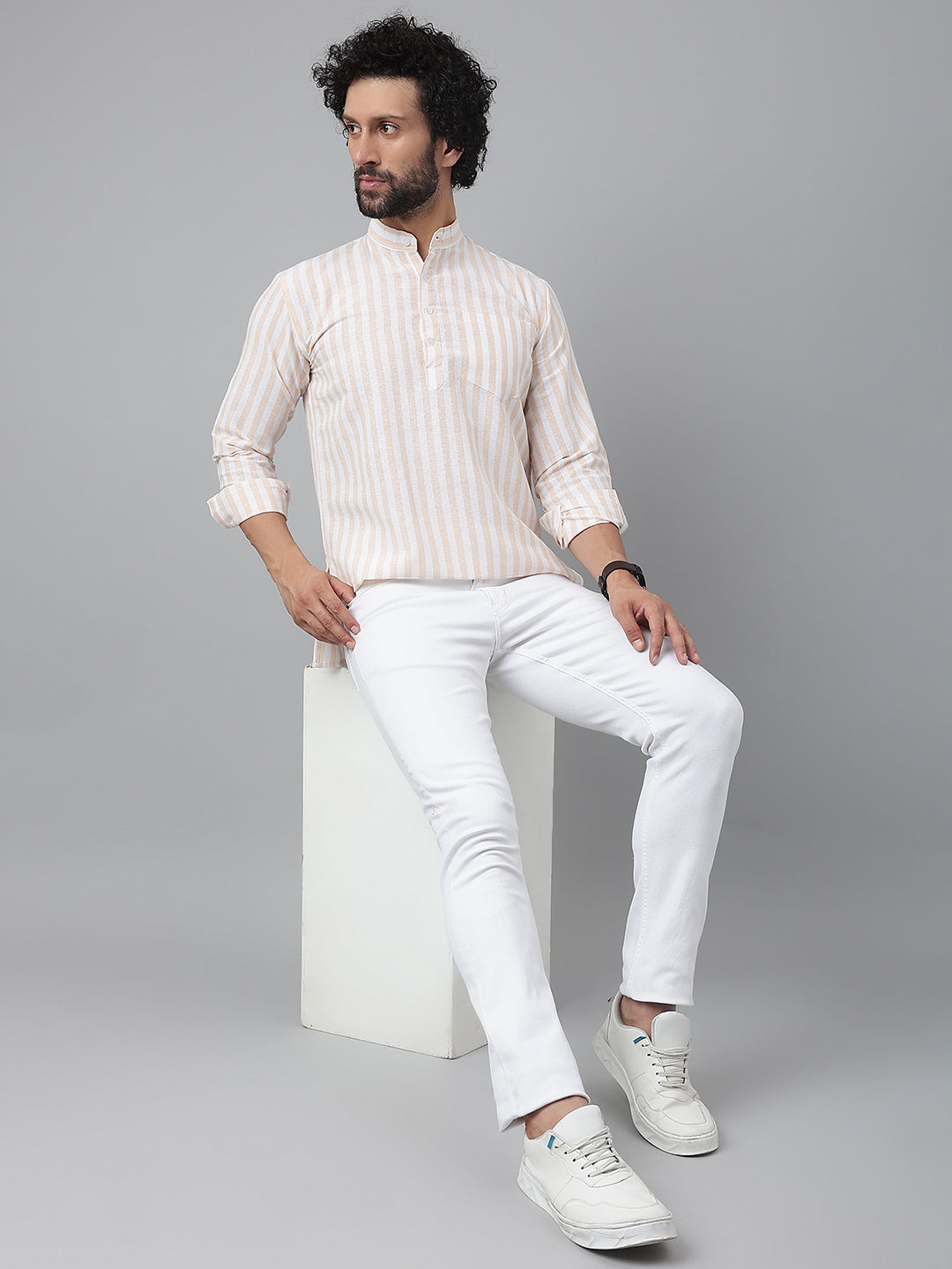 RIAG Beige Color Long Sleeves Casual Men's Cotton Short Kurta | Grocsy