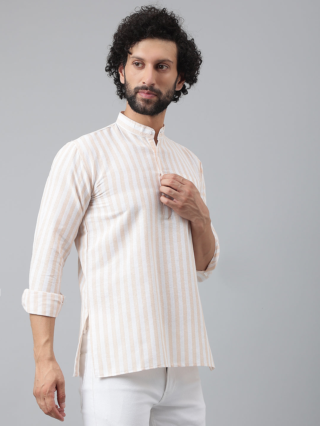 RIAG Beige Color Long Sleeves Casual Men's Cotton Short Kurta | Grocsy