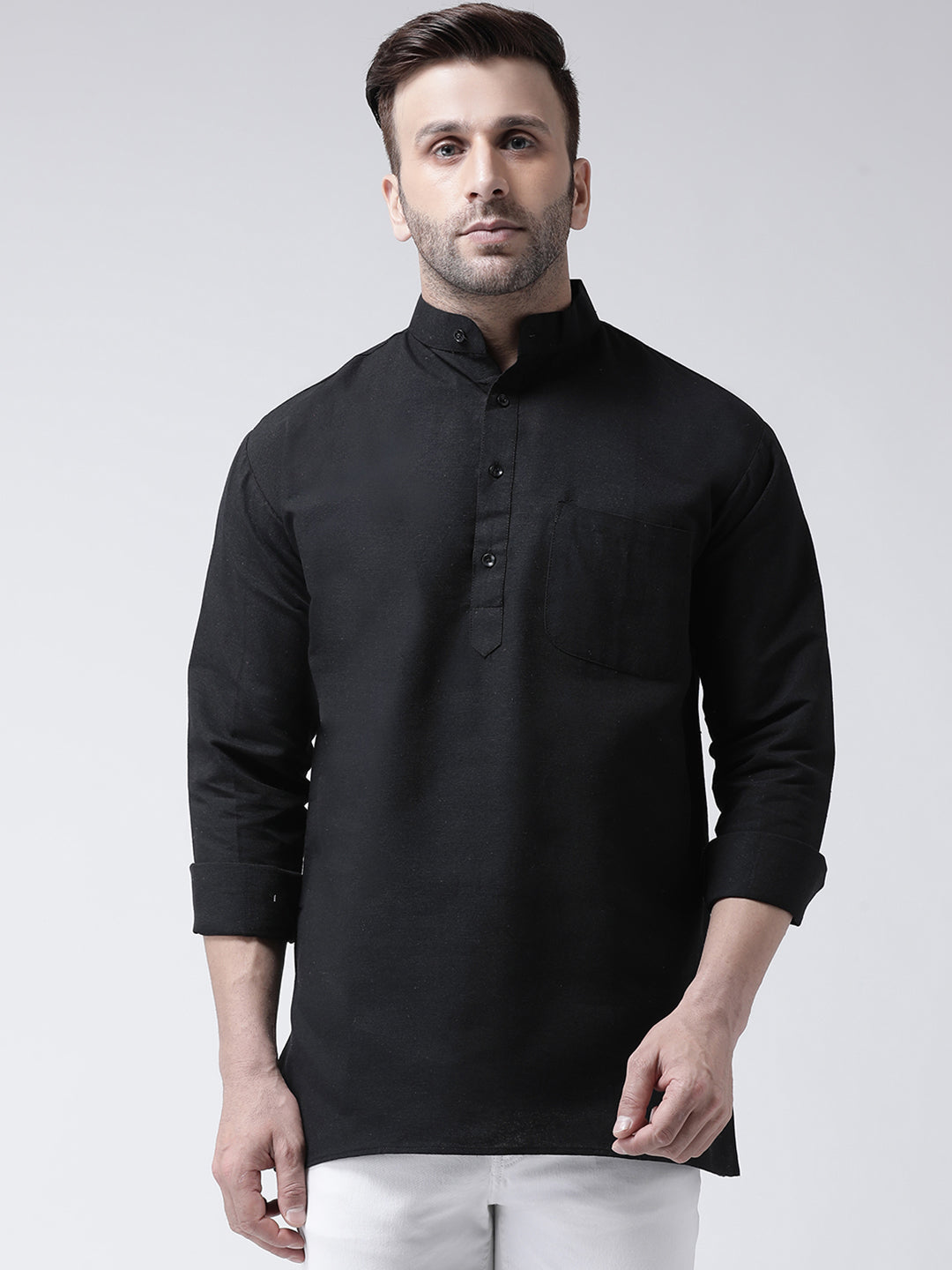 RIAG Black Color Long Sleeves Men's Cotton Short Kurta | Grocsy