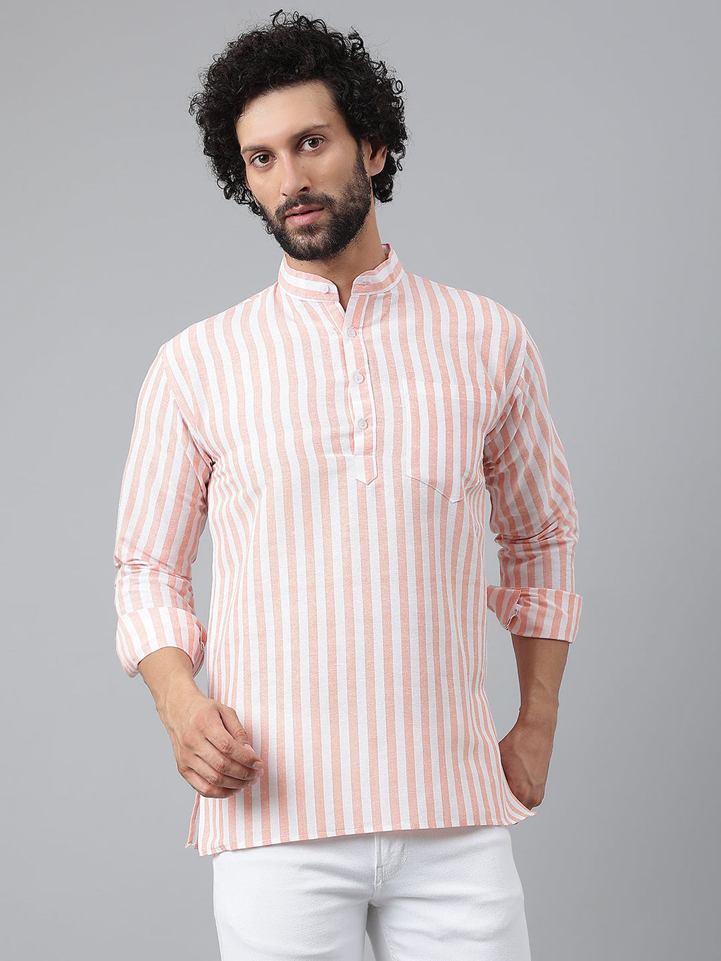RIAG Orange Color Long Sleeves Casual Men's Cotton Short Kurta | Grocsy