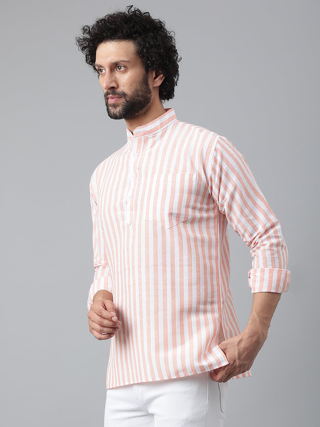 RIAG Orange Color Long Sleeves Casual Men's Cotton Short Kurta | Grocsy