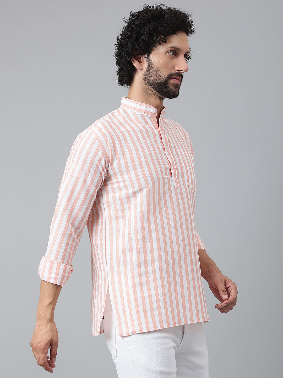 RIAG Orange Color Long Sleeves Casual Men's Cotton Short Kurta | Grocsy