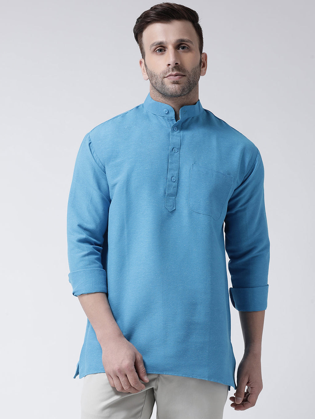 RIAG Blue Color Long Sleeves Men's Cotton Short Kurta | Grocsy
