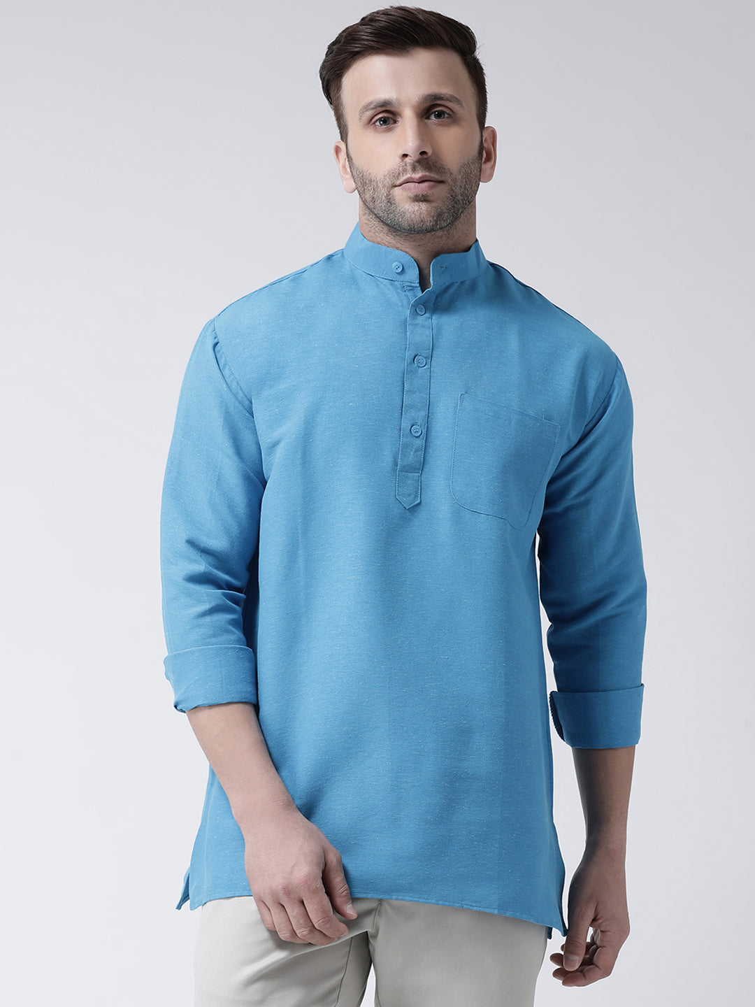 RIAG Blue Color Long Sleeves Men's Cotton Short Kurta | Grocsy