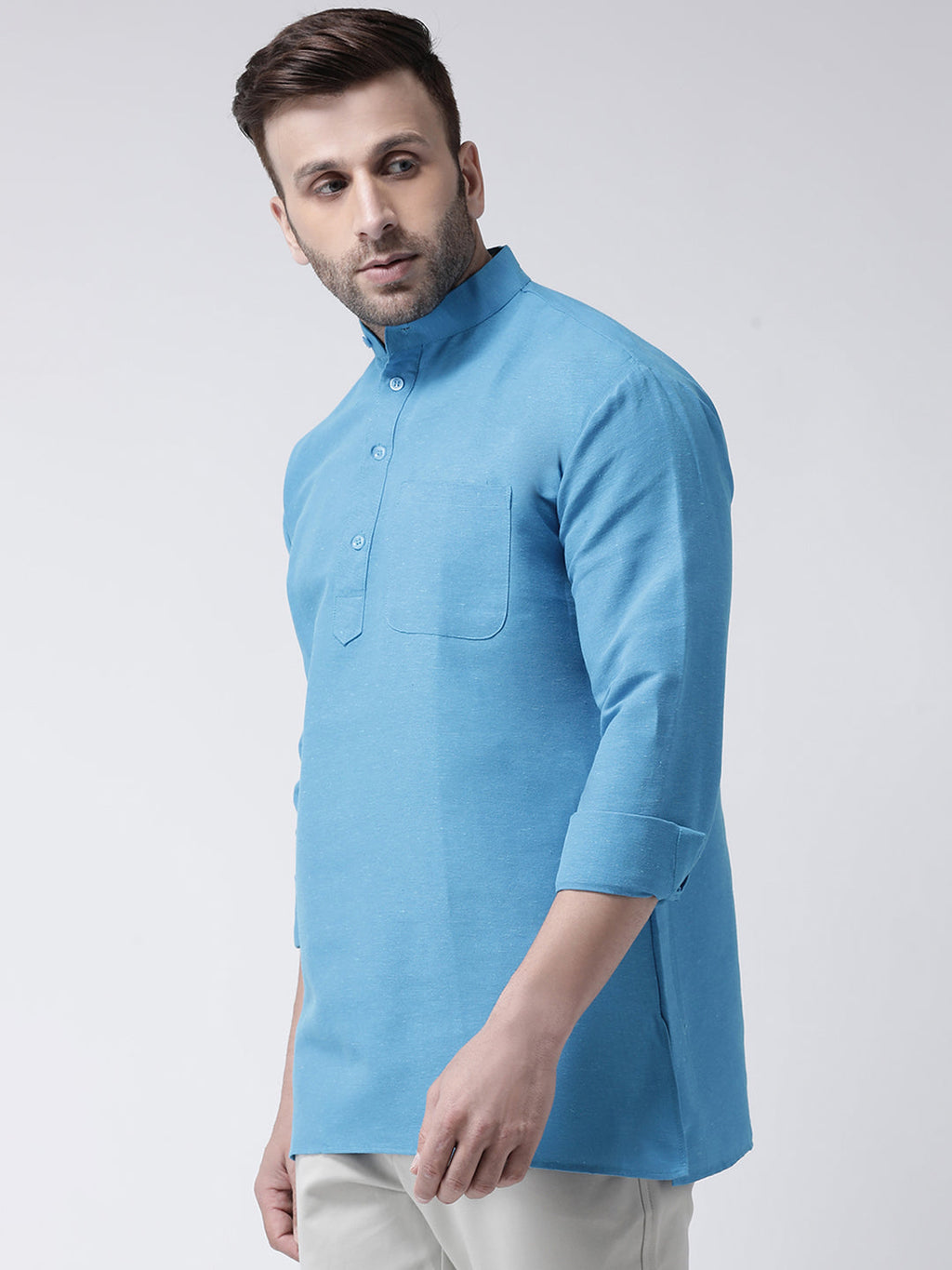 RIAG Blue Color Long Sleeves Men's Cotton Short Kurta | Grocsy