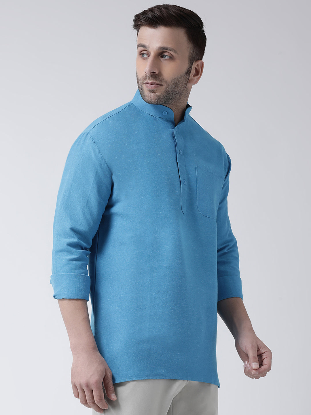 RIAG Blue Color Long Sleeves Men's Cotton Short Kurta | Grocsy