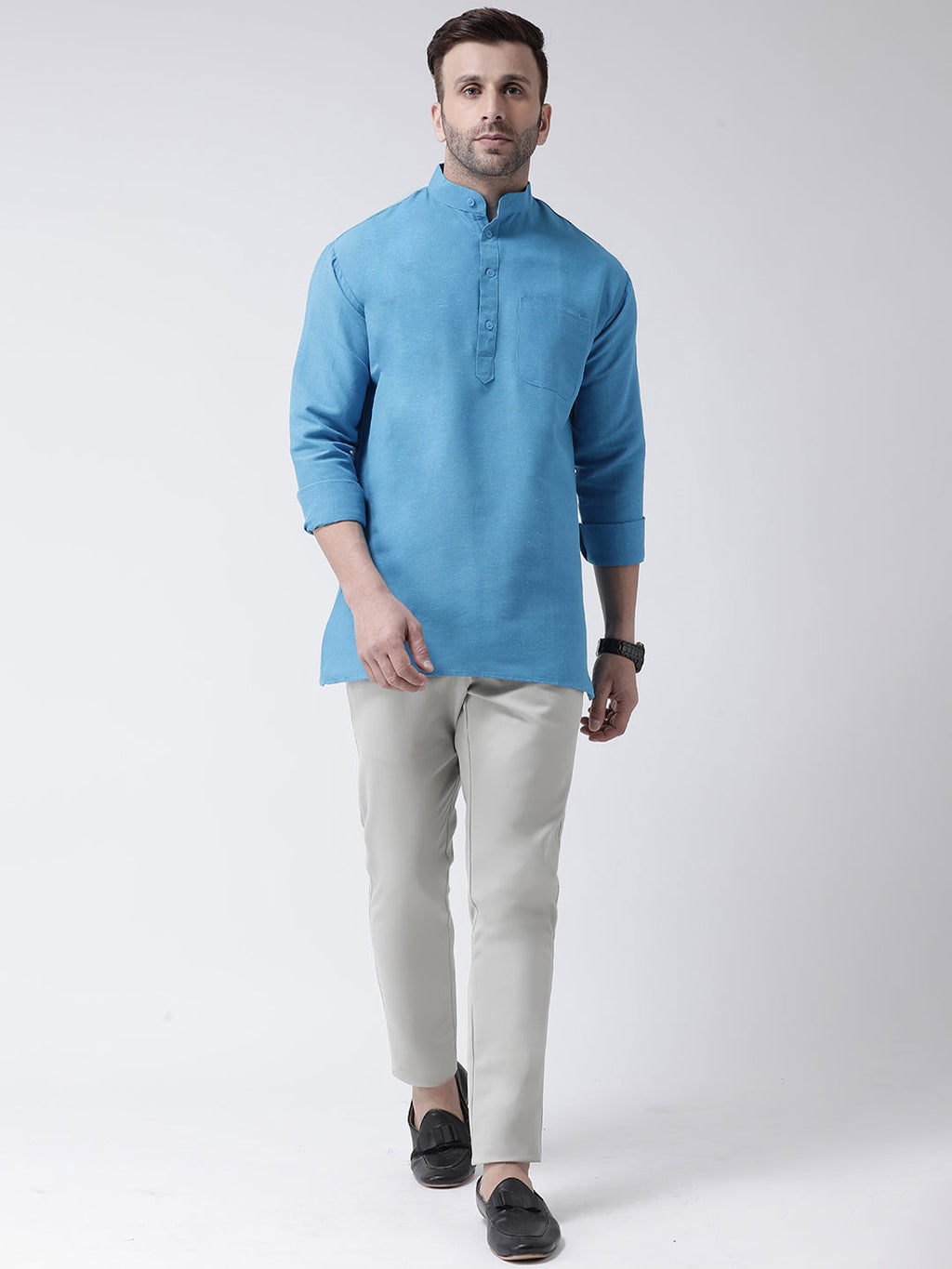 RIAG Blue Color Long Sleeves Men's Cotton Short Kurta | Grocsy
