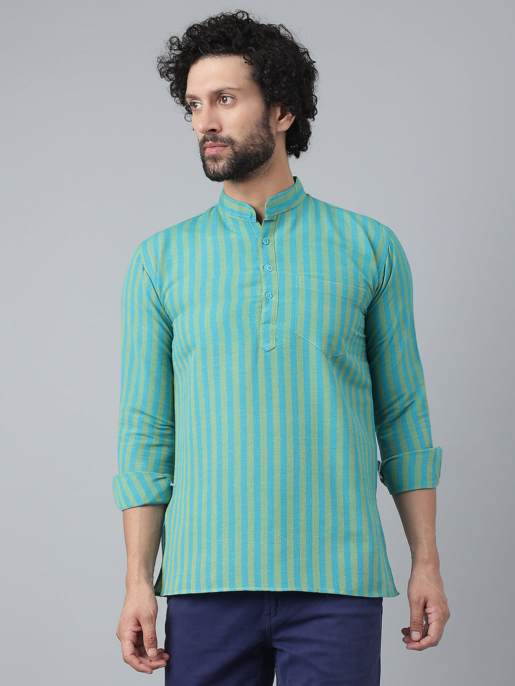 RIAG Blue Color Long Sleeves Casual Men's Cotton Short Kurta | Grocsy