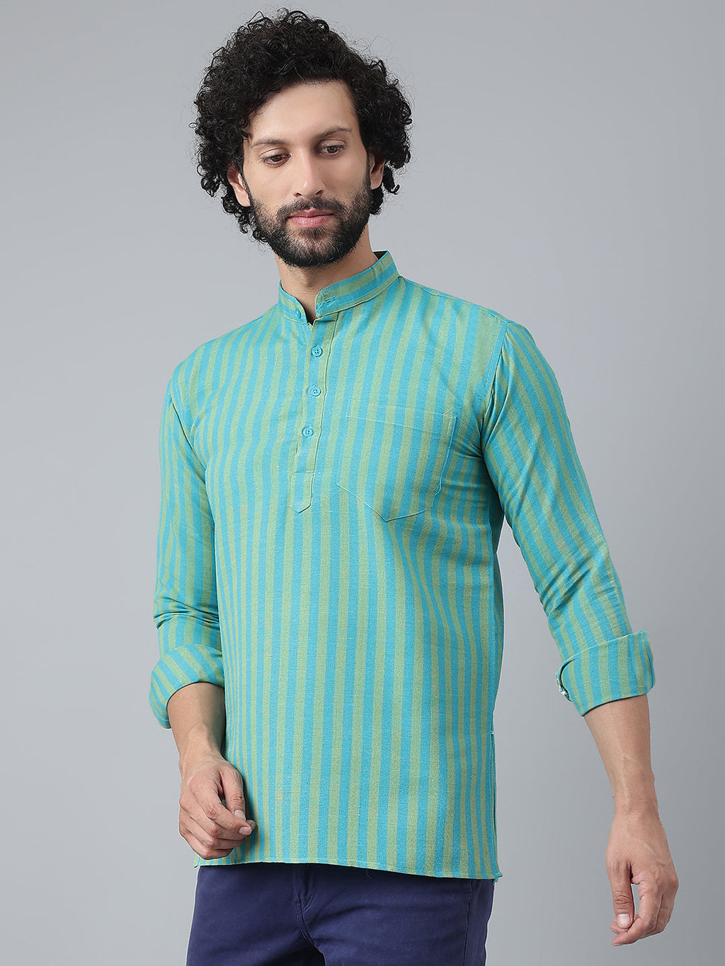 RIAG Blue Color Long Sleeves Casual Men's Cotton Short Kurta | Grocsy