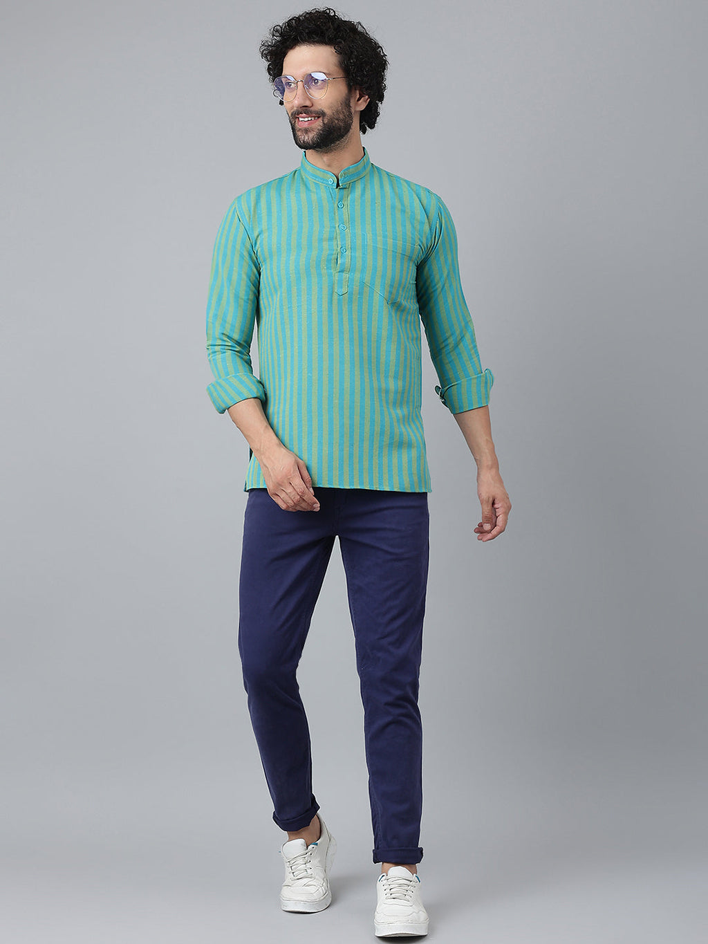 RIAG Blue Color Long Sleeves Casual Men's Cotton Short Kurta | Grocsy