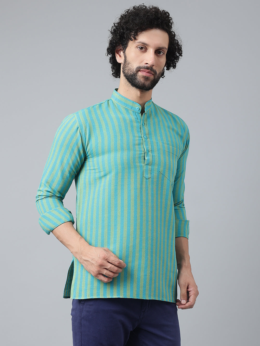 RIAG Blue Color Long Sleeves Casual Men's Cotton Short Kurta | Grocsy