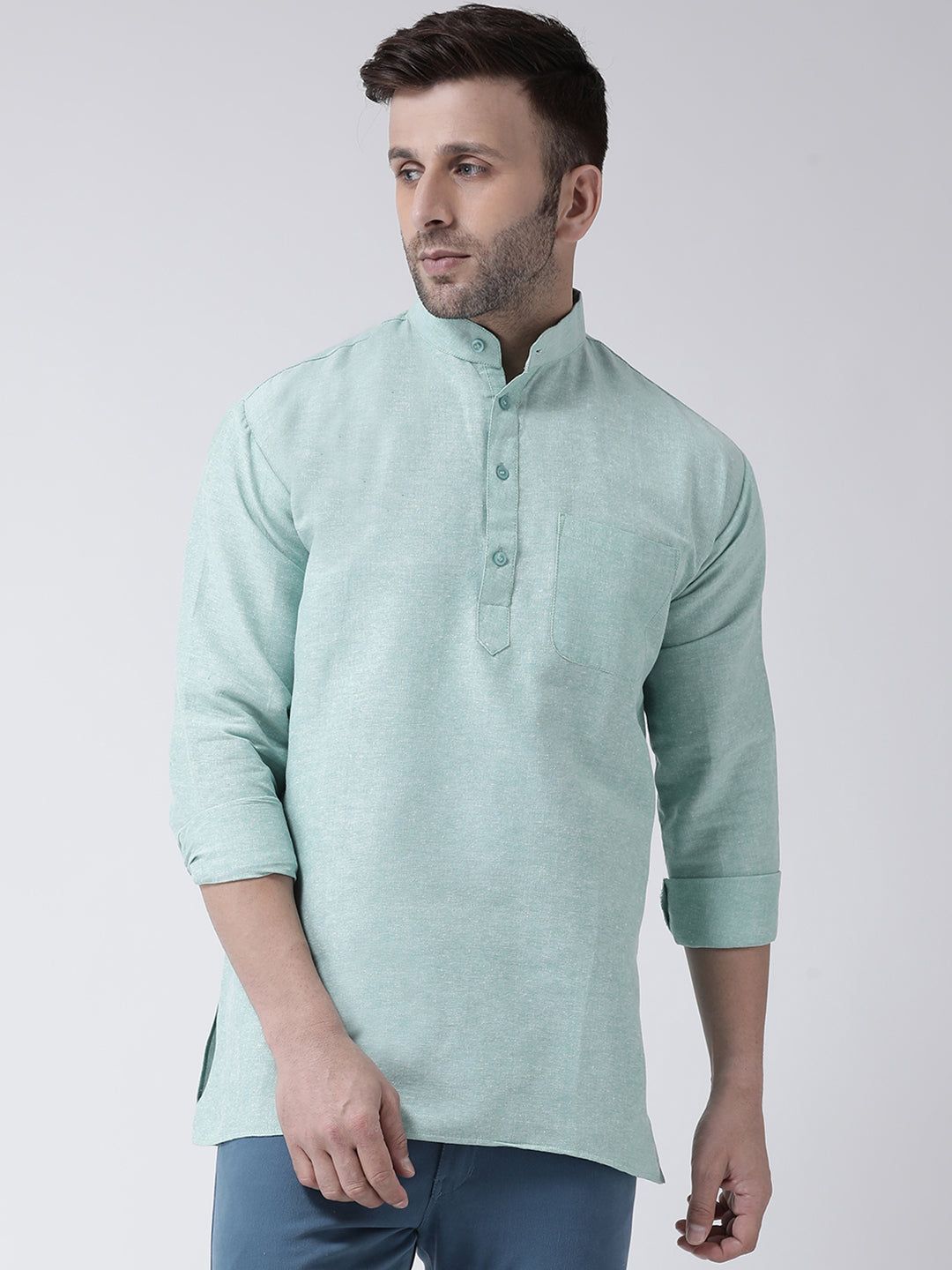 RIAG Green Color Long Sleeves Men's Cotton Short Kurta | Grocsy
