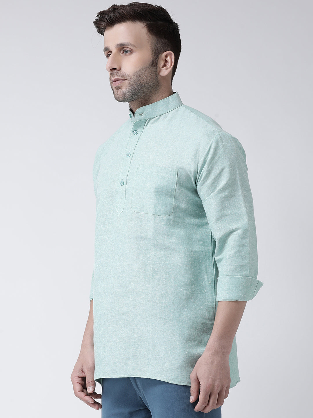 RIAG Green Color Long Sleeves Men's Cotton Short Kurta | Grocsy