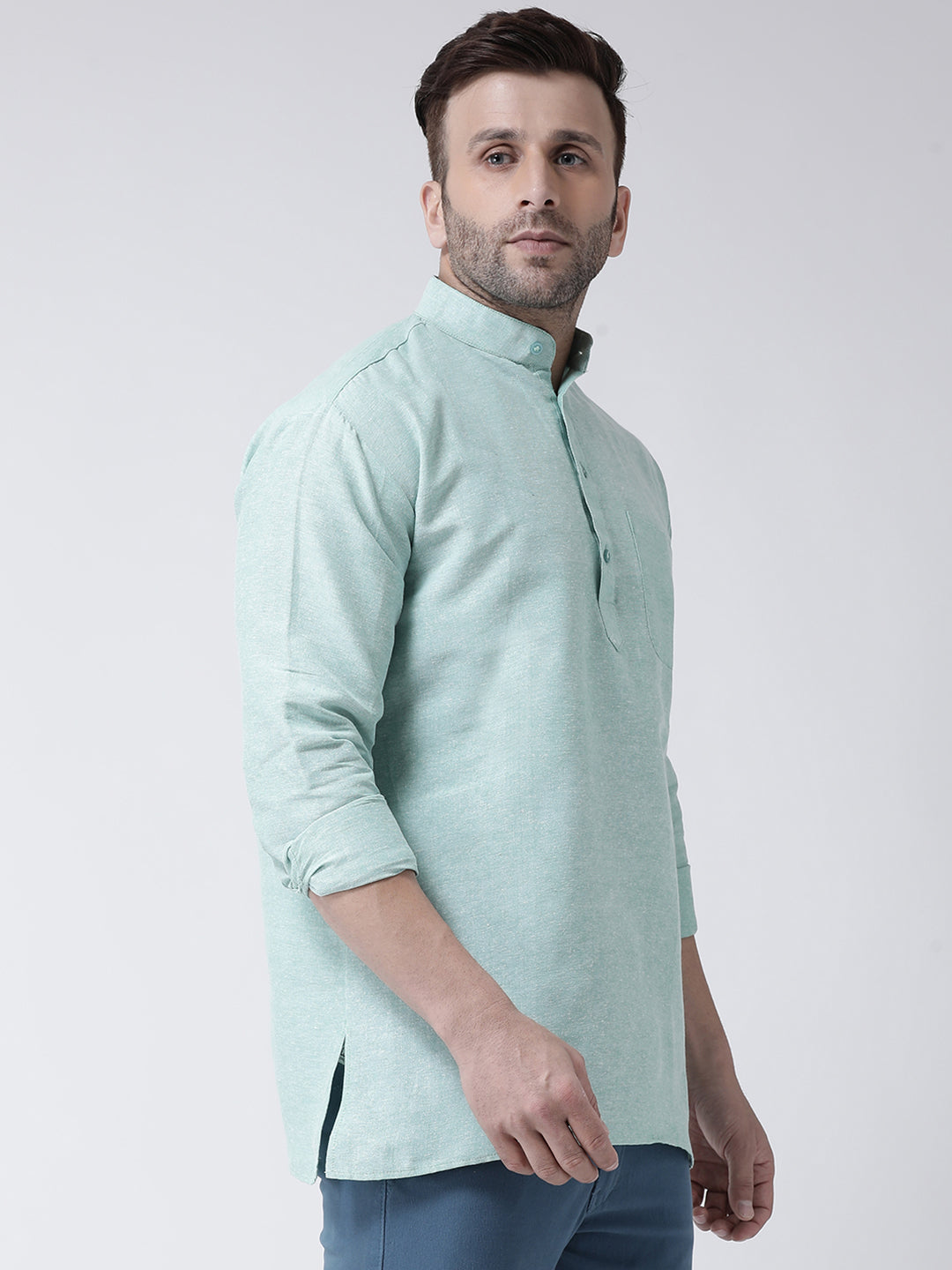 RIAG Green Color Long Sleeves Men's Cotton Short Kurta | Grocsy