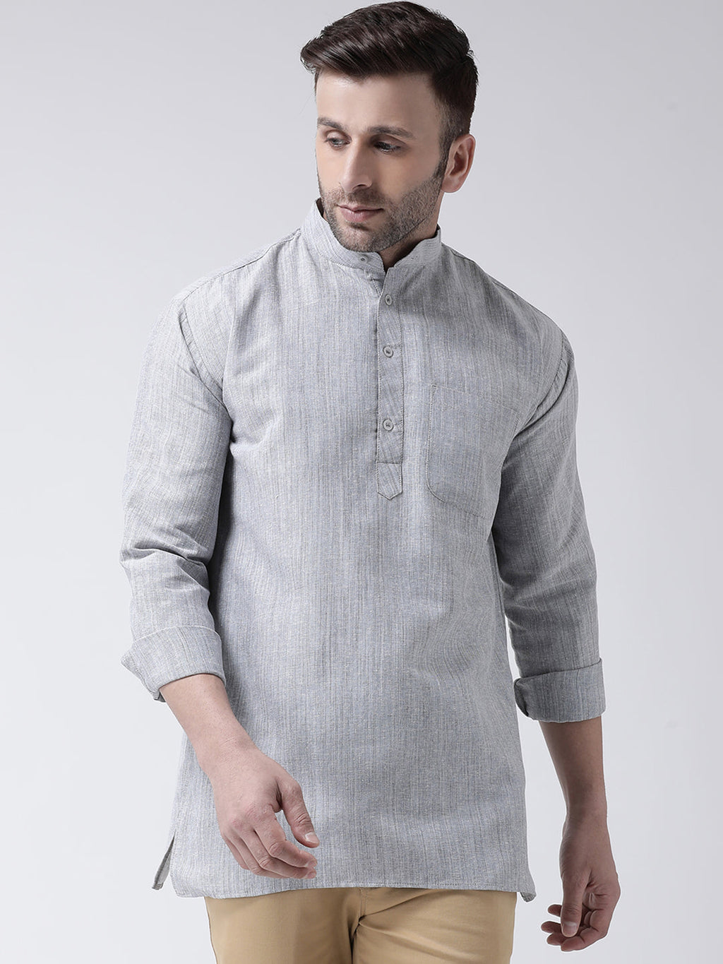 RIAG Grey Color Long Sleeves Men's Cotton Short Kurta | Grocsy