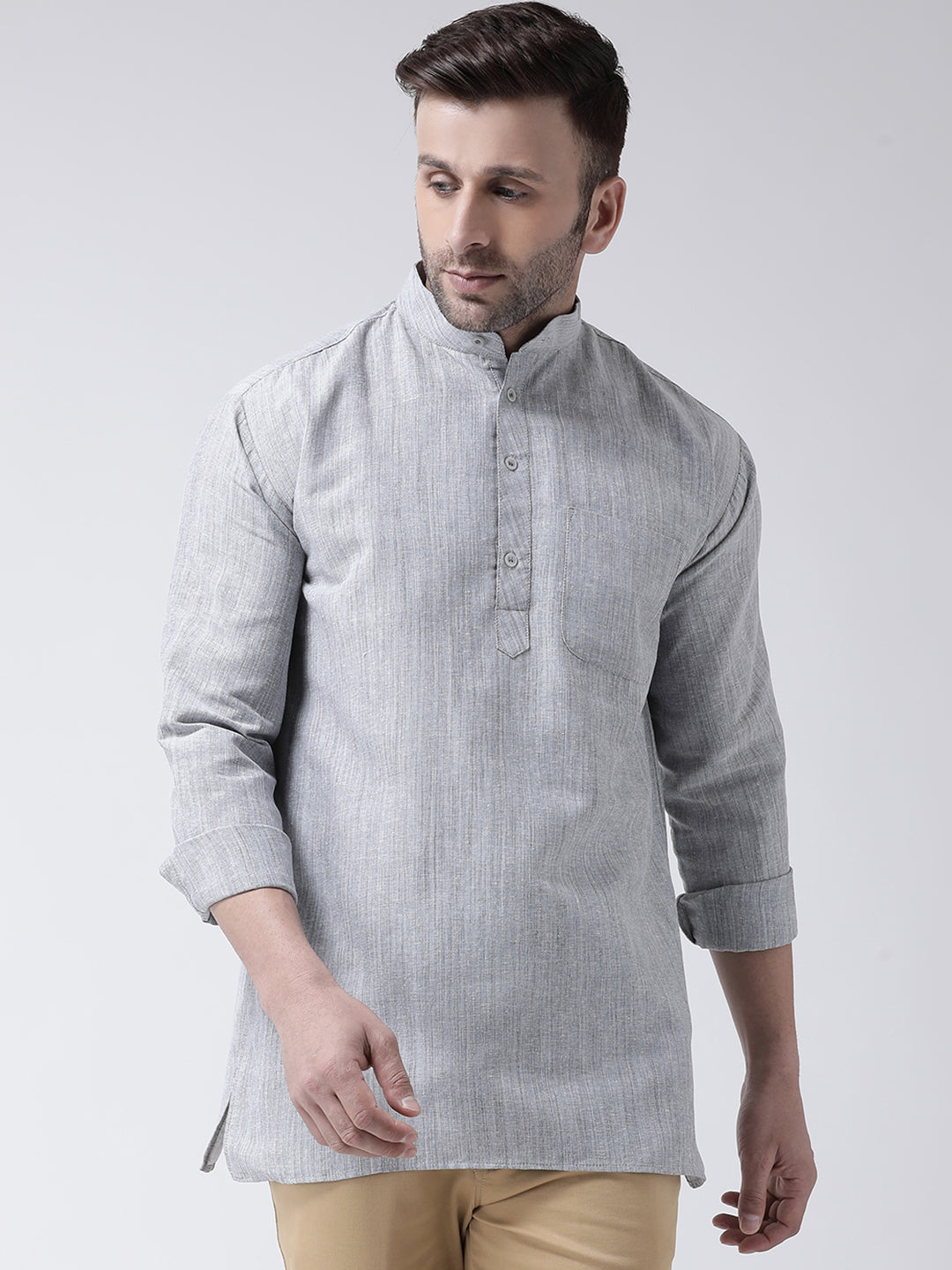 RIAG Grey Color Long Sleeves Men's Cotton Short Kurta | Grocsy