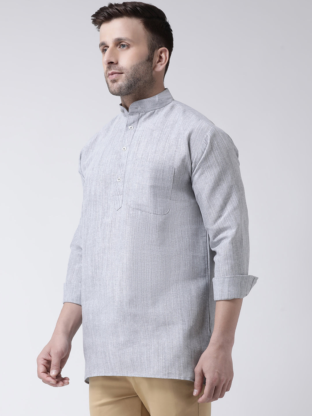 RIAG Grey Color Long Sleeves Men's Cotton Short Kurta | Grocsy