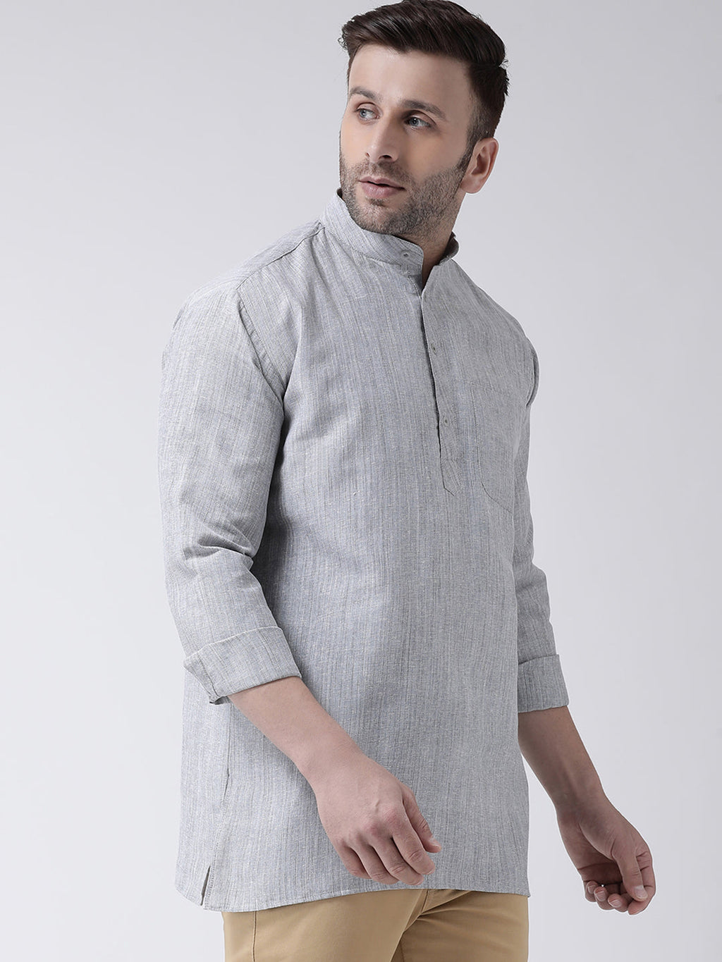 RIAG Grey Color Long Sleeves Men's Cotton Short Kurta | Grocsy