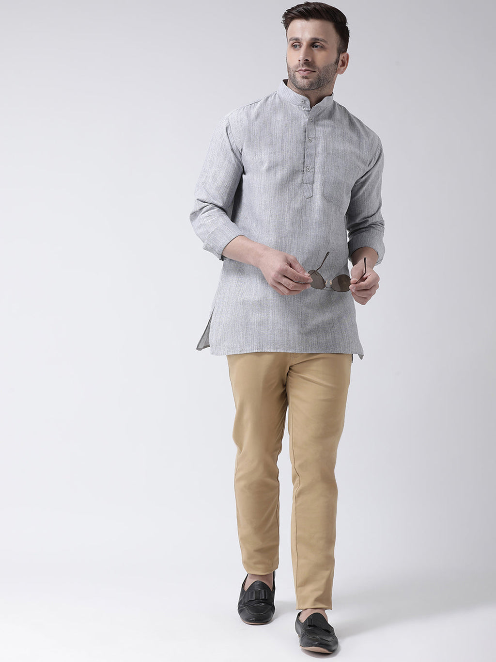 RIAG Grey Color Long Sleeves Men's Cotton Short Kurta | Grocsy