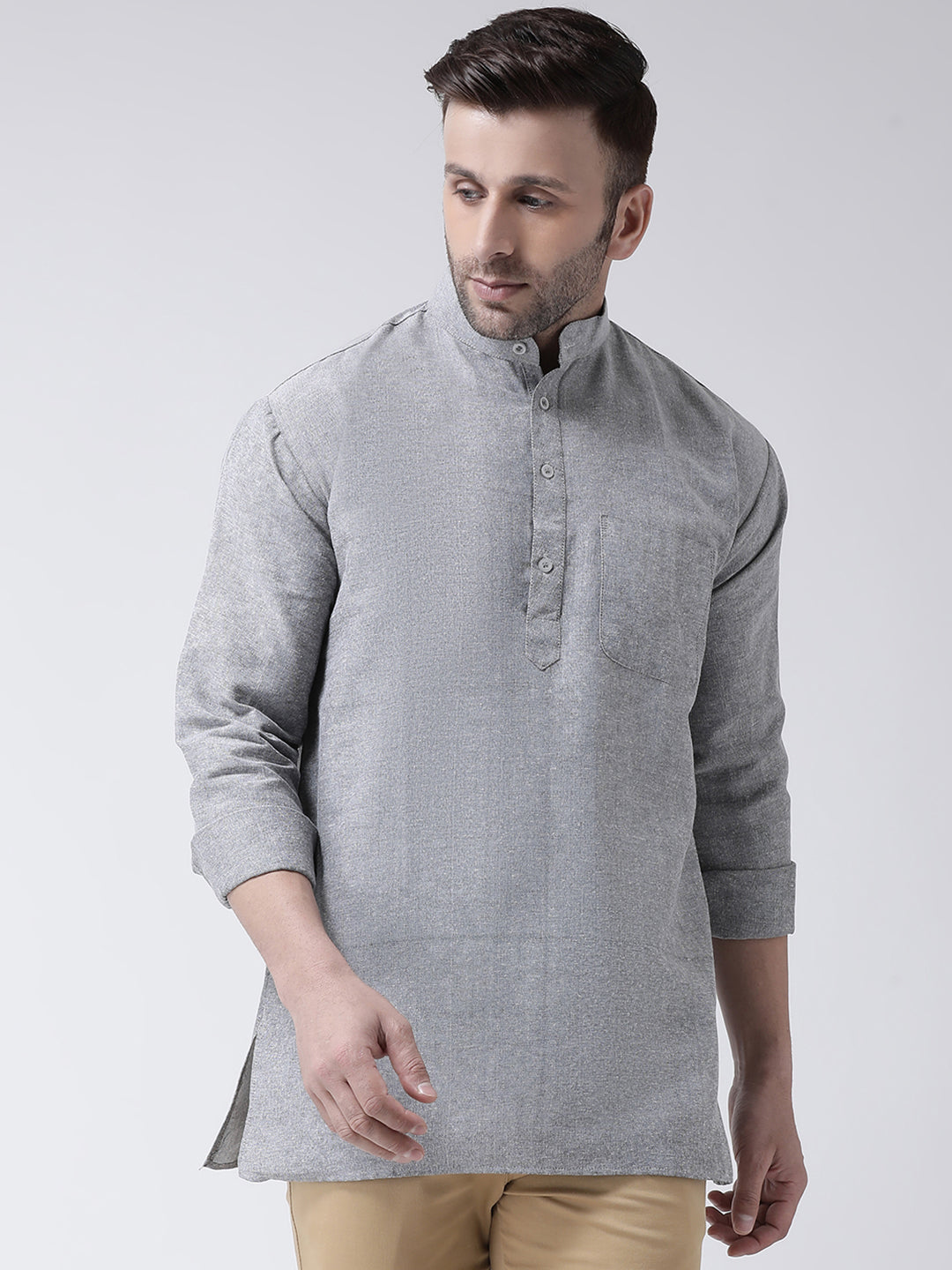 RIAG Grey Color Long Sleeves Men's Cotton Short Kurta | Grocsy
