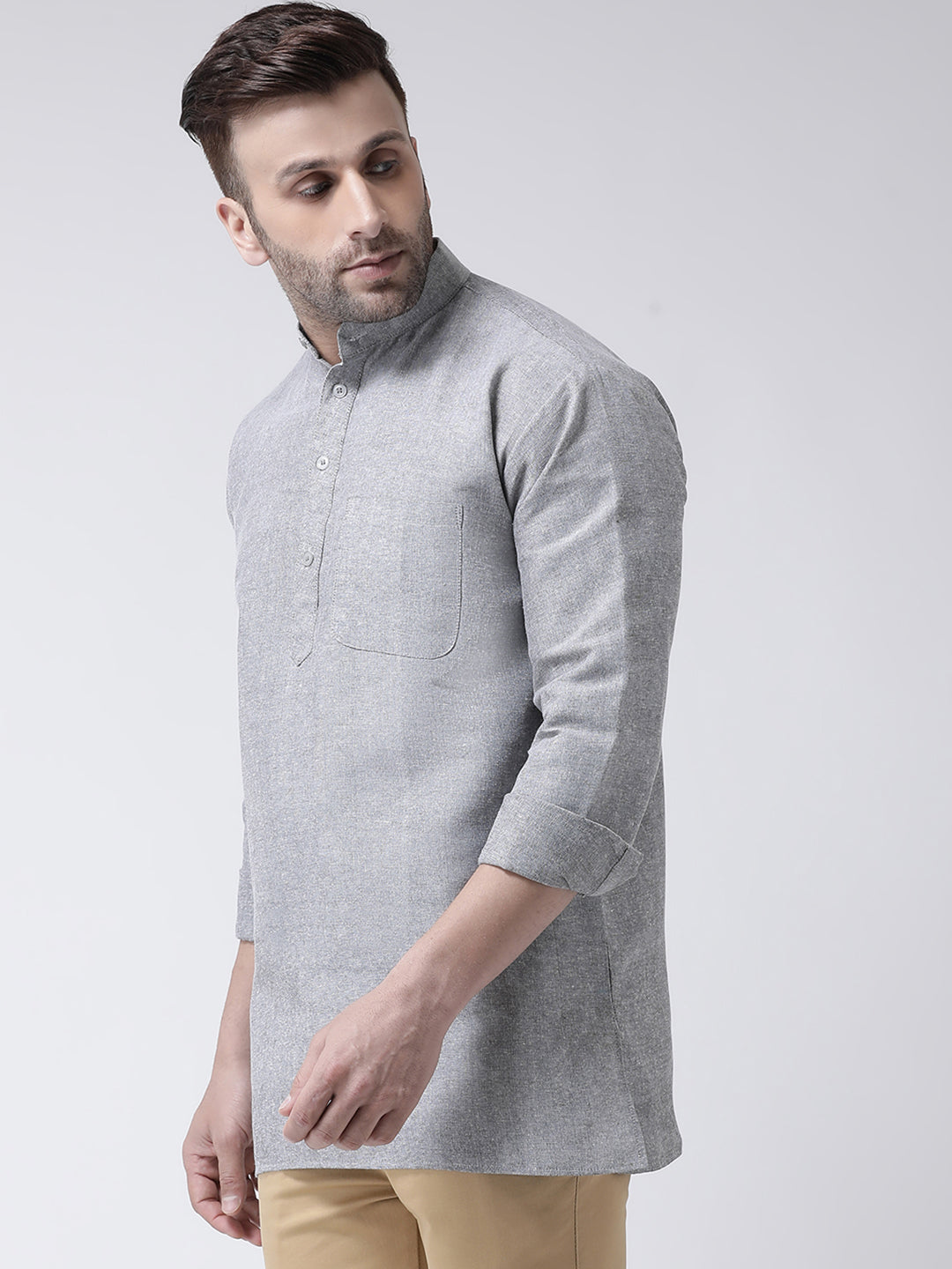 RIAG Grey Color Long Sleeves Men's Cotton Short Kurta | Grocsy
