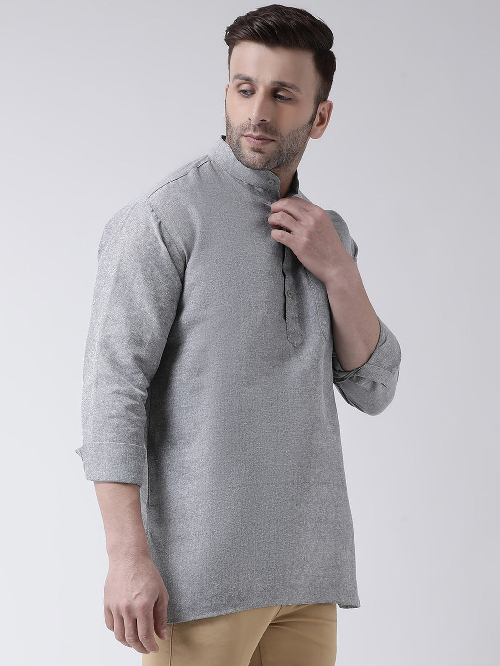 RIAG Grey Color Long Sleeves Men's Cotton Short Kurta | Grocsy