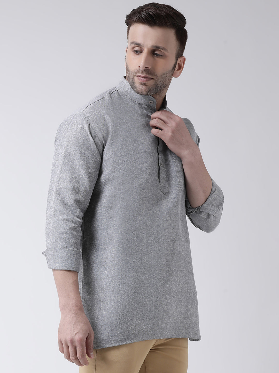 RIAG Grey Color Long Sleeves Men's Cotton Short Kurta | Grocsy