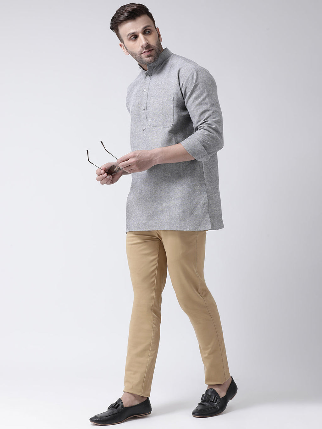 RIAG Grey Color Long Sleeves Men's Cotton Short Kurta | Grocsy