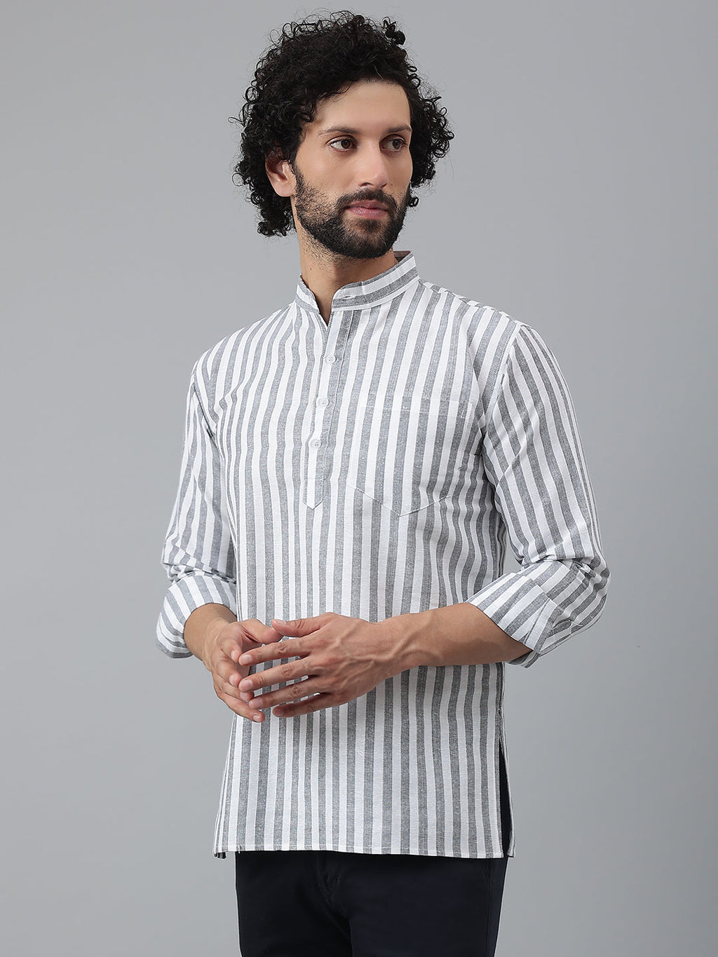 RIAG Grey Color Long Sleeves Casual Men's Cotton Short Kurta | Grocsy