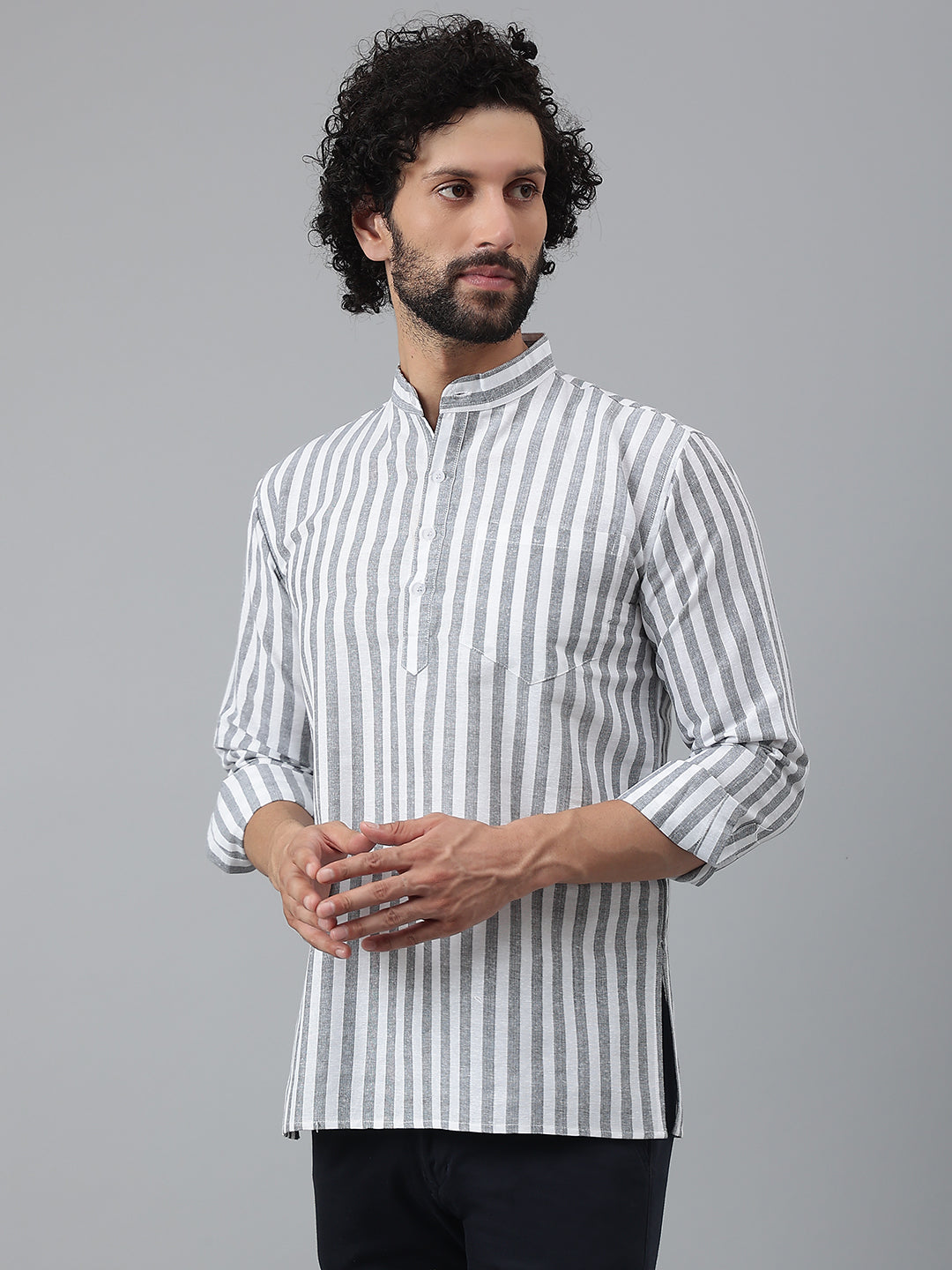 RIAG Grey Color Long Sleeves Casual Men's Cotton Short Kurta | Grocsy