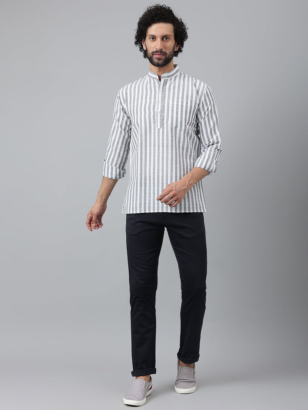 RIAG Grey Color Long Sleeves Casual Men's Cotton Short Kurta | Grocsy