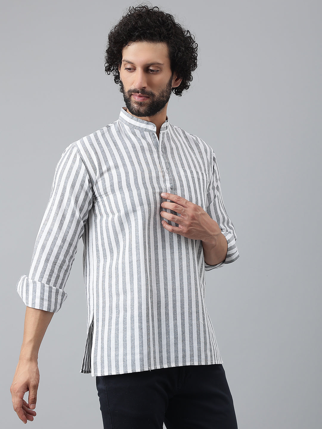 RIAG Grey Color Long Sleeves Casual Men's Cotton Short Kurta | Grocsy