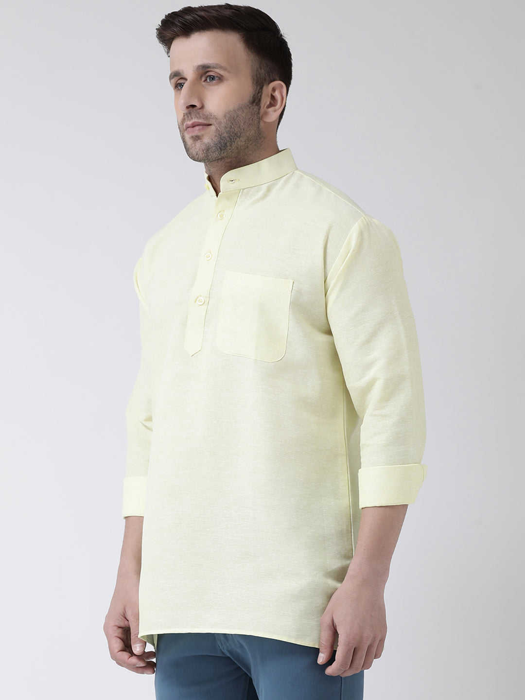 RIAG Yellow Color Long Sleeves Men's Cotton Short Kurta | Grocsy