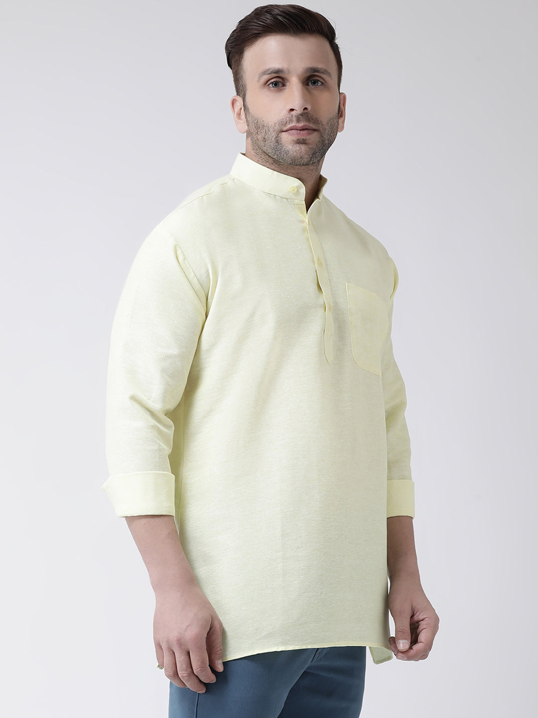 RIAG Yellow Color Long Sleeves Men's Cotton Short Kurta | Grocsy