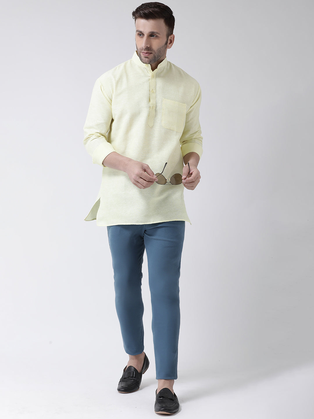 RIAG Yellow Color Long Sleeves Men's Cotton Short Kurta | Grocsy
