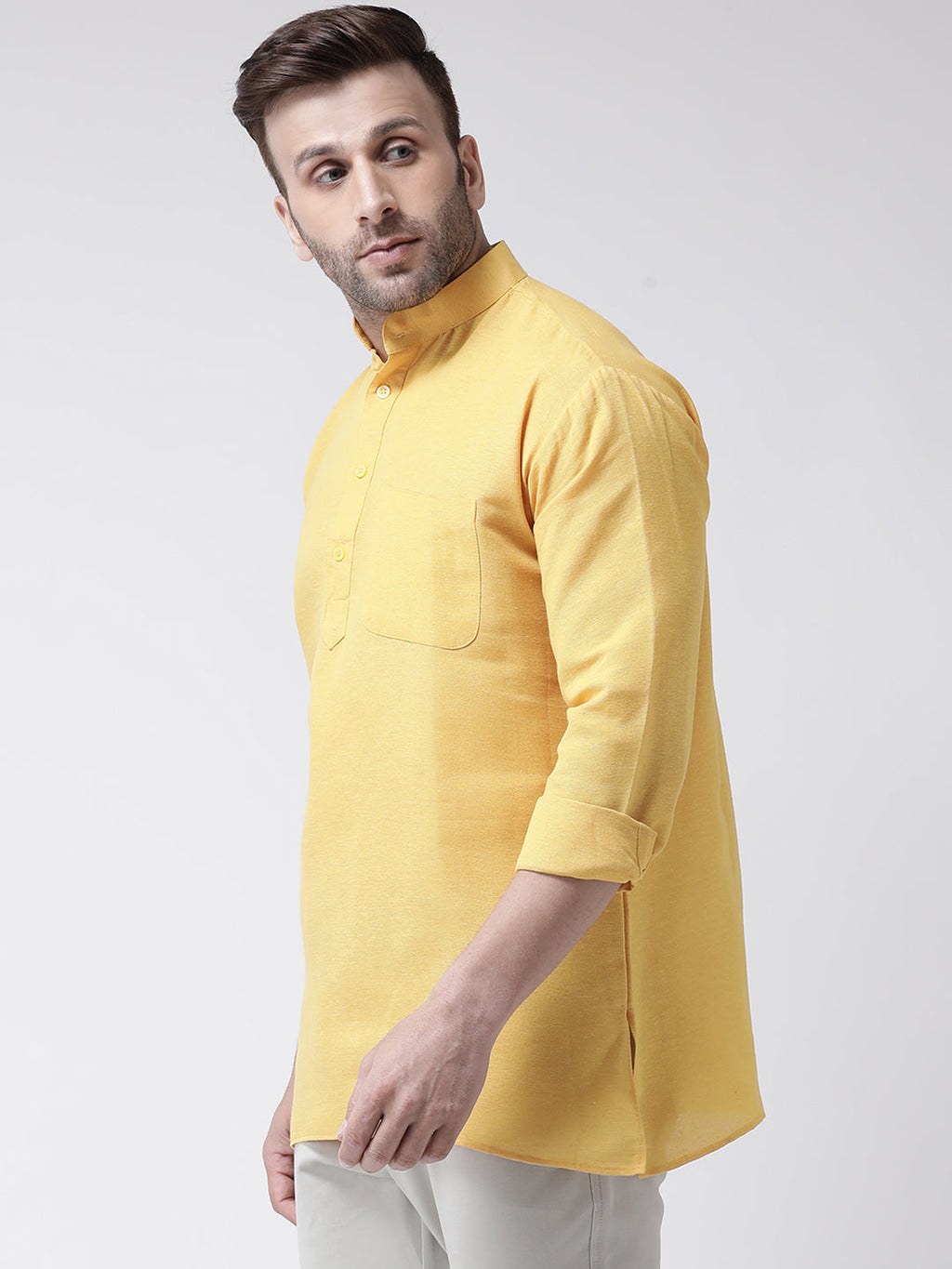 RIAG Yellow Color Long Sleeves Men's Cotton Short Kurta | Grocsy