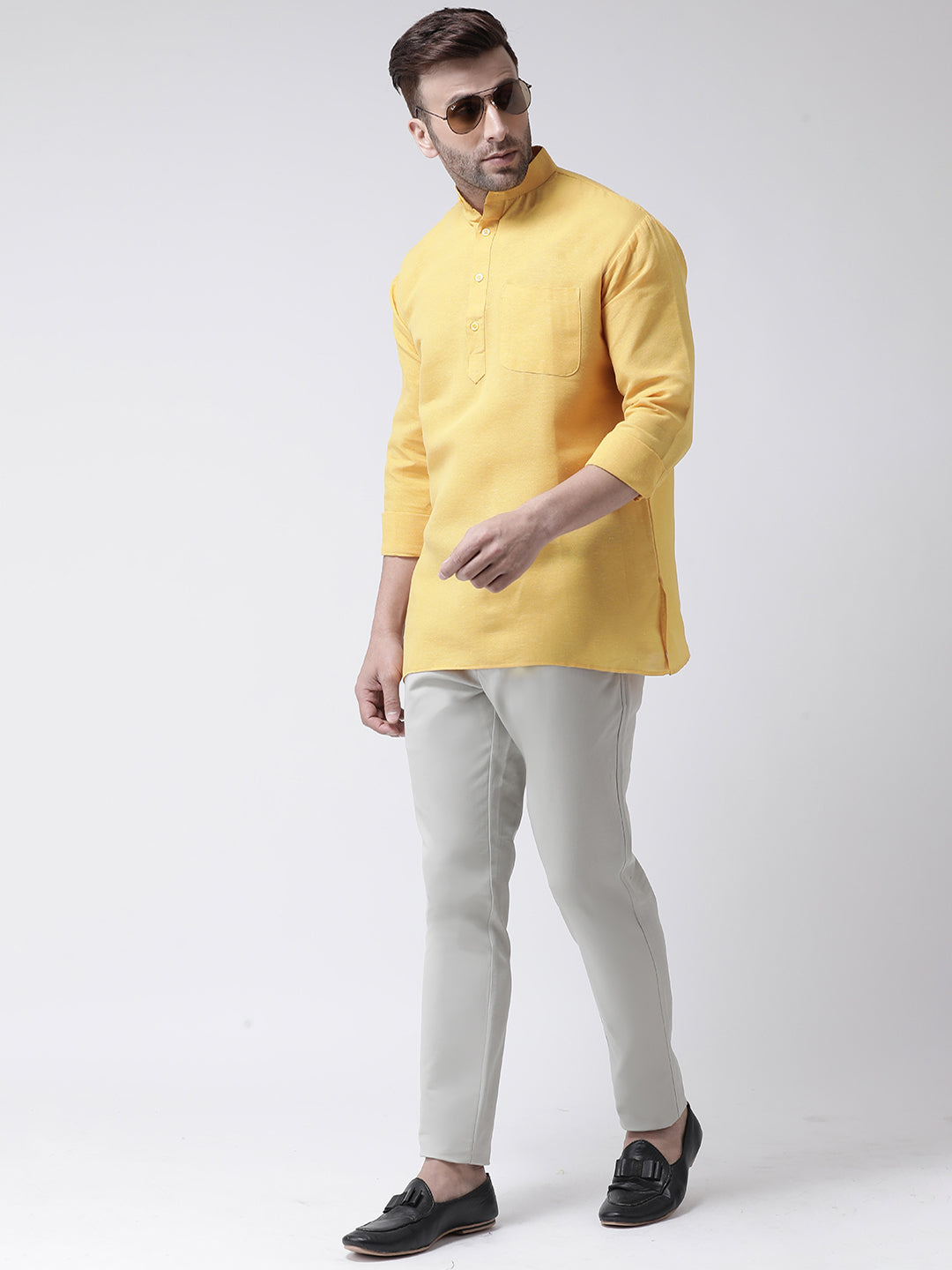 RIAG Yellow Color Long Sleeves Men's Cotton Short Kurta | Grocsy